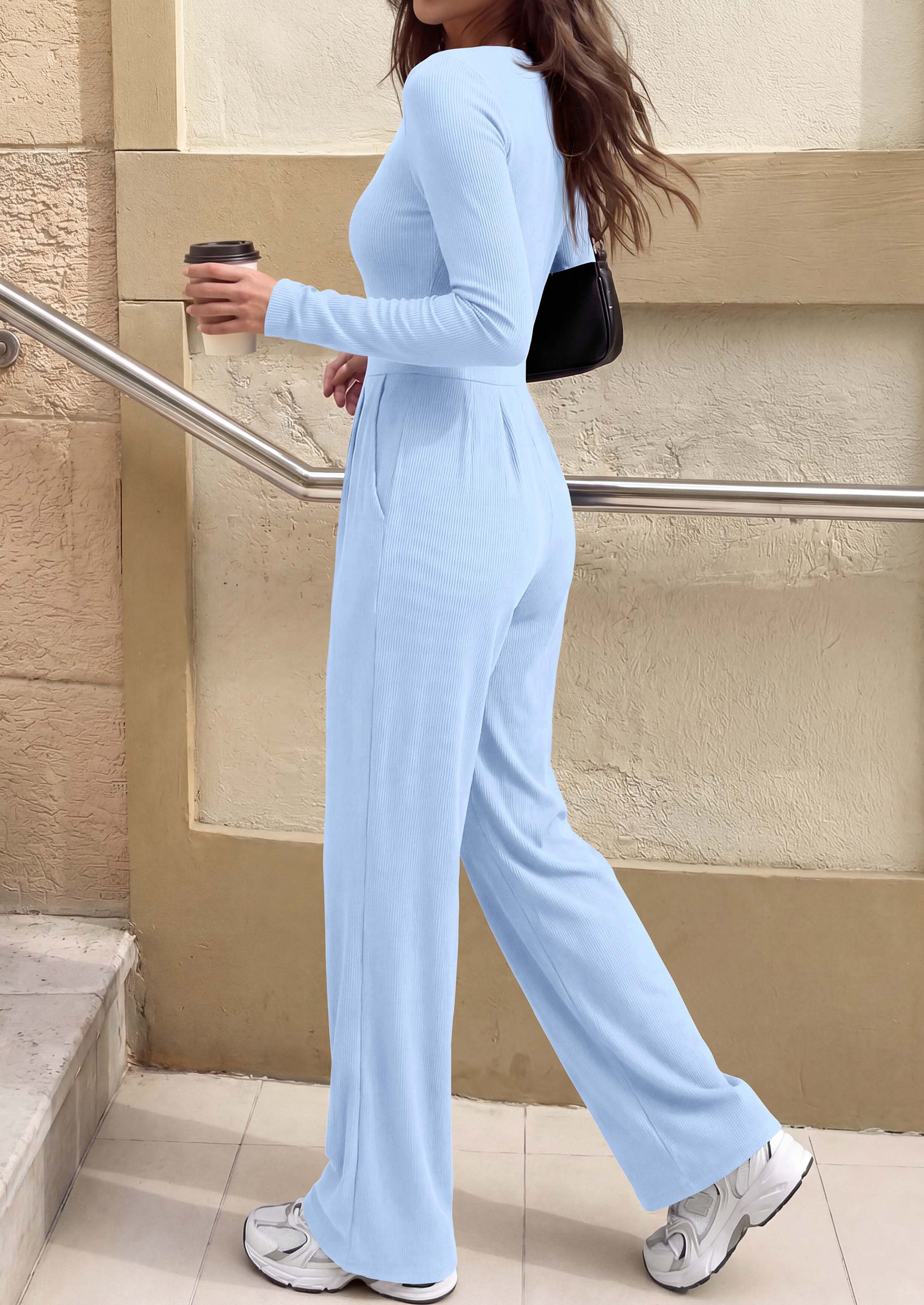 PRETTYGARDEN Womens Fall One Piece Long Sleeve Jumpsuit | Stretchy Ribbed Knit, Fashion Deep V Neck, Wide Leg Romper with Pockets, Work Business Casual Outfits, Trendy Winter Clothes