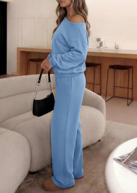 PRETTYGARDEN Womens 2 Piece Casual Matching Lounge Sets  Fashion Off the Shoulder Sweatshirt, Wide Leg Pants with Pockets, Comfy Airport Travel Outfit, 2026 Trendy Fall Set