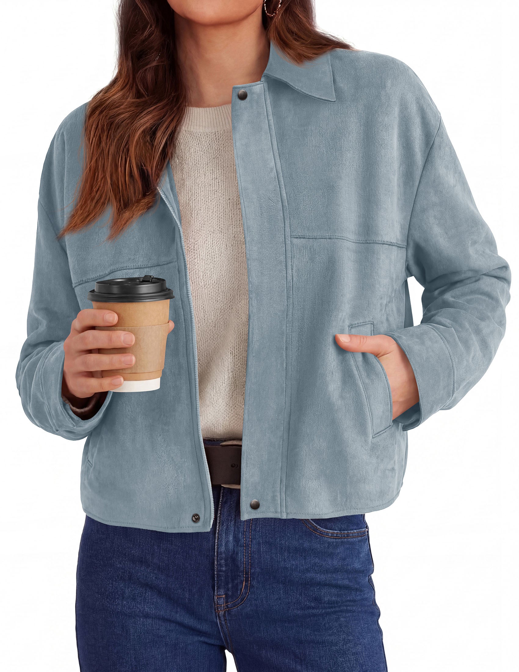 PRETTYGARDEN Women's Faux Suede Cropped Fall Jackets | Soft Zip Up Coats,Classic Lapel Collar,Button Down Shacket,Oversized Casual Outerwear,Trendy Winter Clothes with Pockets