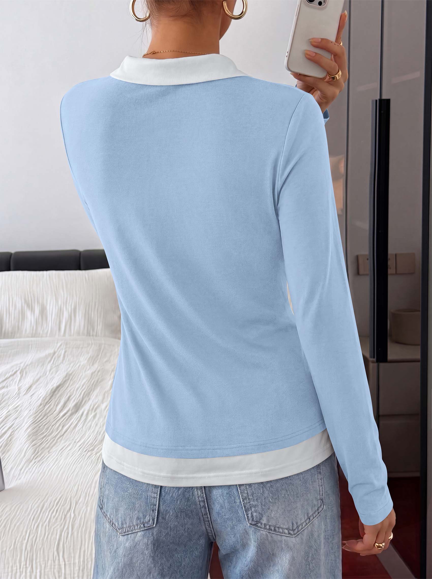 PRETTYGARDEN Womens Casual Polo T-Shirt Color Block Layered Tops | Contrast Collared V Neck Tops, Soft Double Layer T Shirts for Women, Casual Tops for Women, Trendy Fall Outfits 2026