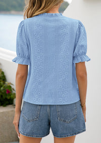 PRETTYGARDEN Womens Puff Short Sleeve Tops 2026 Summer Spring Button Down Boho Embroidered Cute Blouse Dressy Casual Shirts PRETTYGARDEN