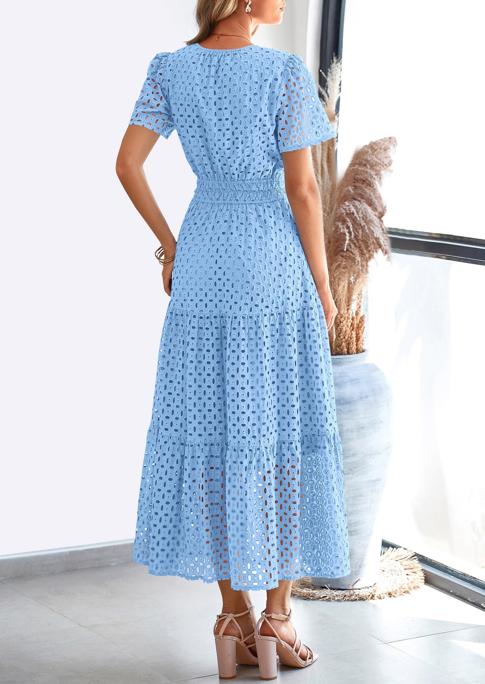 PRETTYGARDEN Womens Maxi Dress Short Sleeve V Neck Hollow Out Eyelet A Line Long Flowy Beach Vacation Dresses
