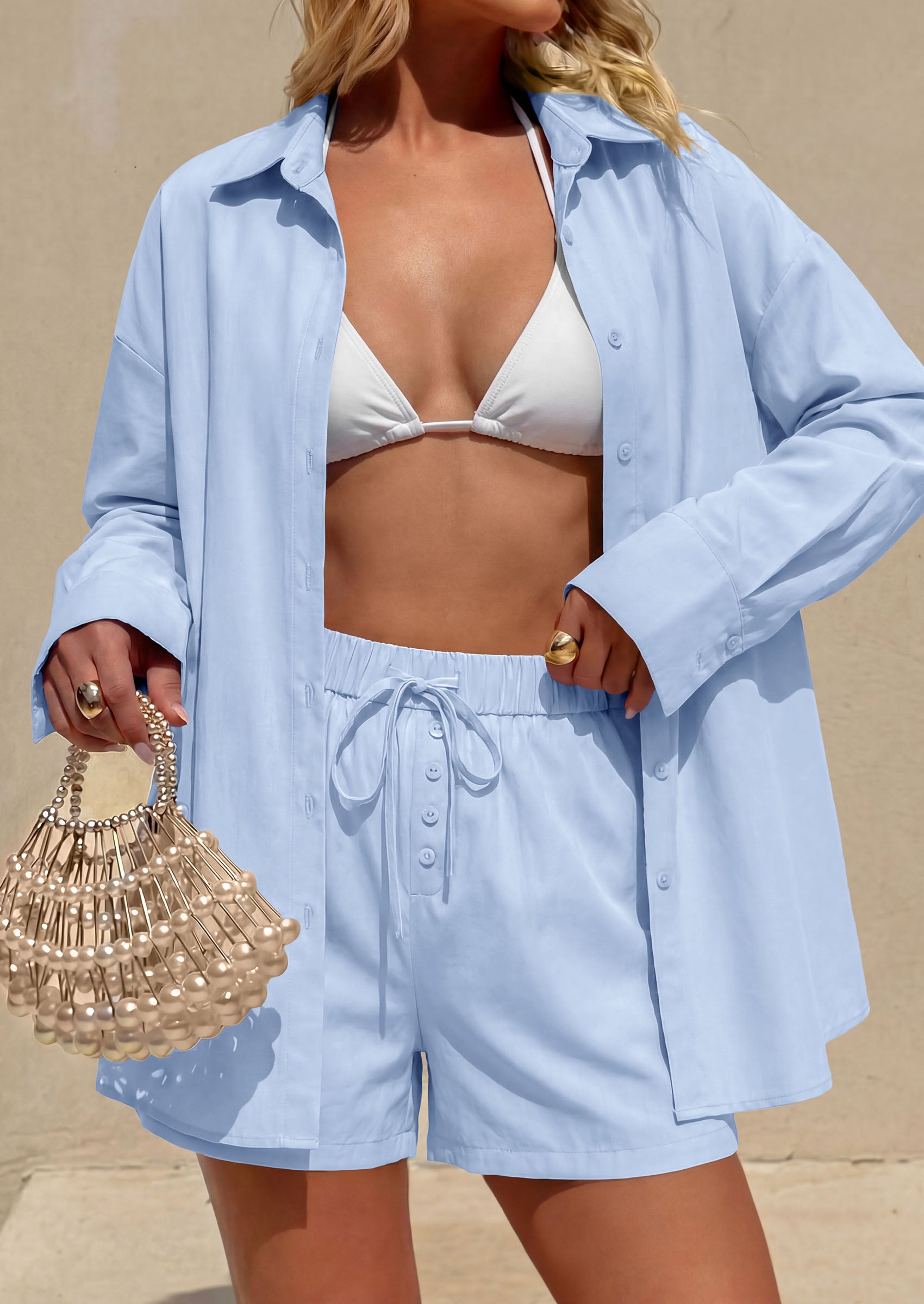 PRETTYGARDEN Women's Summer 2 Piece Matching Lounge Sets Pajamas Long Sleeve Shirts Blouse Pockets Shorts 2026 Spring Outfits