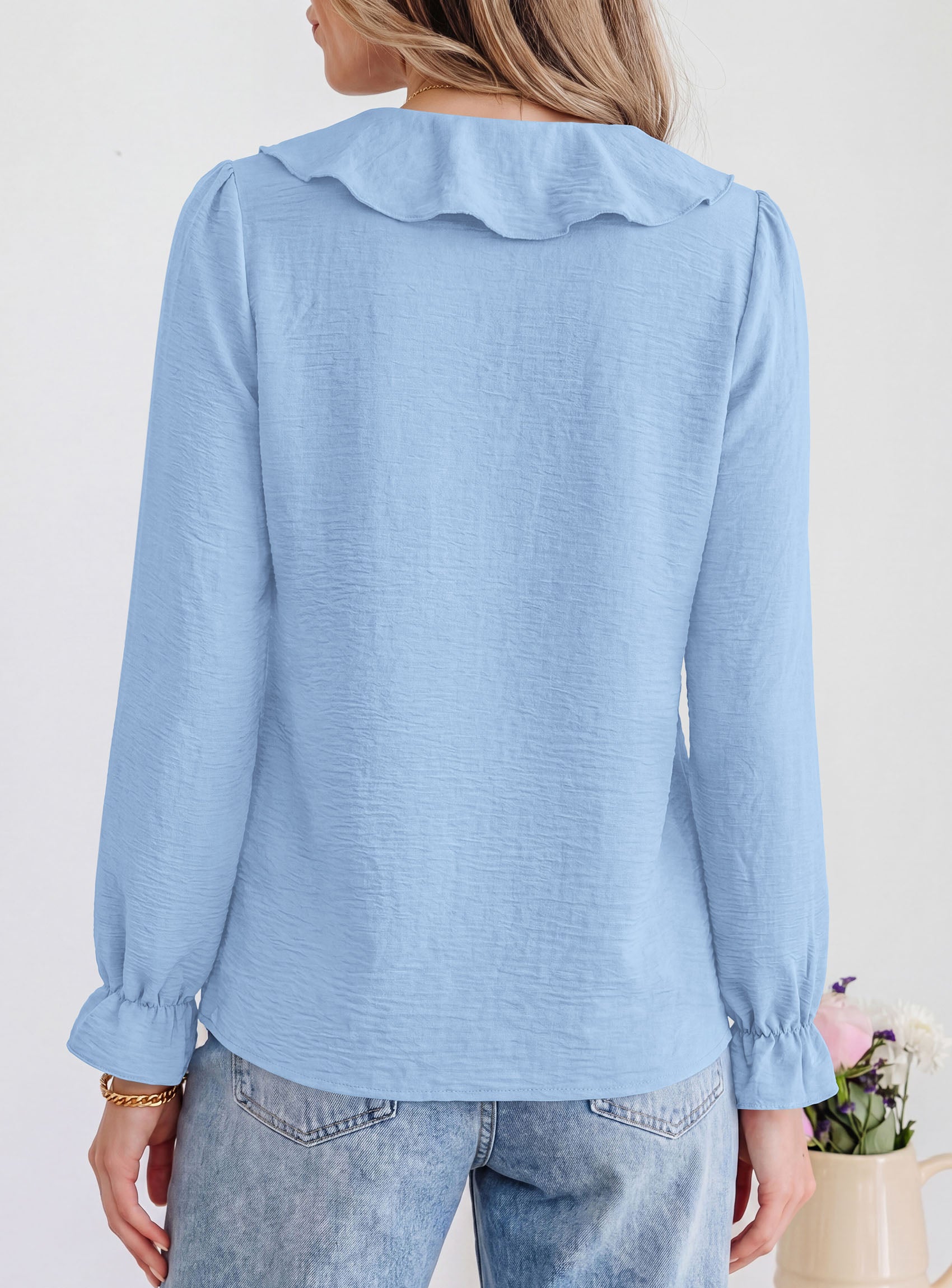 PRETTYGARDEN Women Early Fall Fashion Dressy Casual Blouses  | Comfy Lightweight,Lantern Long Sleeve Shirts,Cute Ruffle V Neck,Going Out Tops,Business Work Outfits,Trendy Daily Clothes