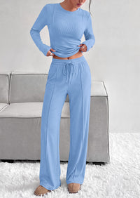 PRETTYGARDEN Womens 2 Piece Sets Long Sleeve Outfits  Soft Ribbed Knit, Loose Wide Leg Fit, Crop Top Drawstring High Waist Pants Set, Casual Lounge Travel, Matching Fall Clothes