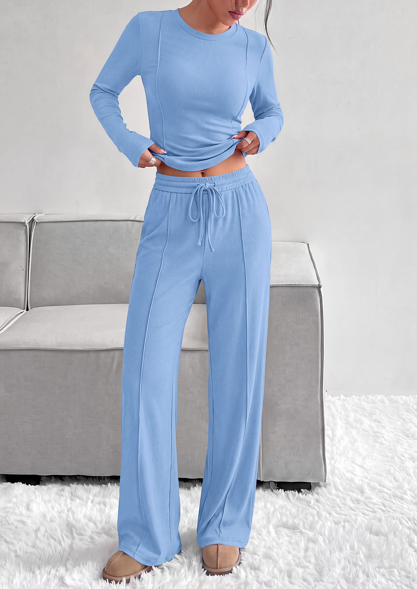 PRETTYGARDEN Womens 2 Piece Sets Long Sleeve Outfits  Soft Ribbed Knit, Loose Wide Leg Fit, Crop Top Drawstring High Waist Pants Set, Casual Lounge Travel, Matching Fall Clothes