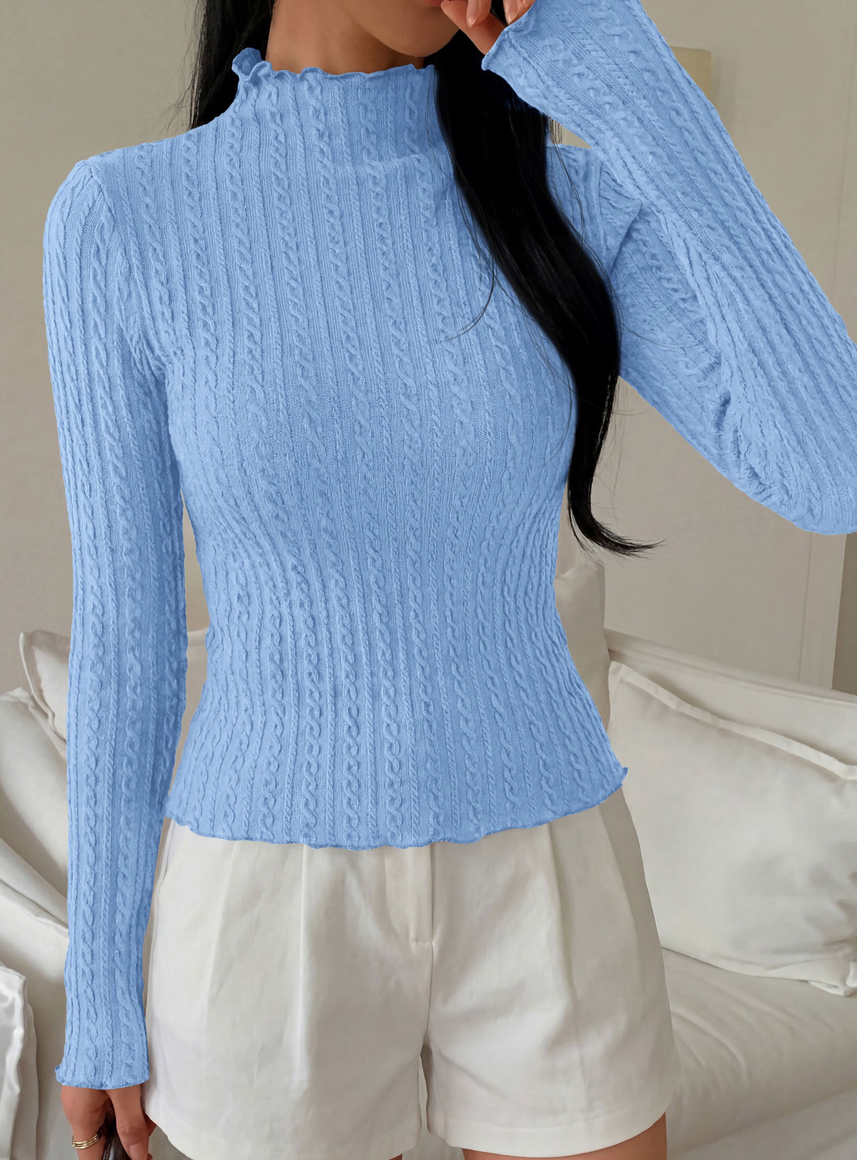 PRETTYGARDEN Women's Fall Long Sleeve Fitted Shirts | Comfy Stretchy Cable Knit, Trendy Lettuce Trim Mock Neck, Casual Basic Tees, Cute Layering Tops, 2026 Fashion Clothing