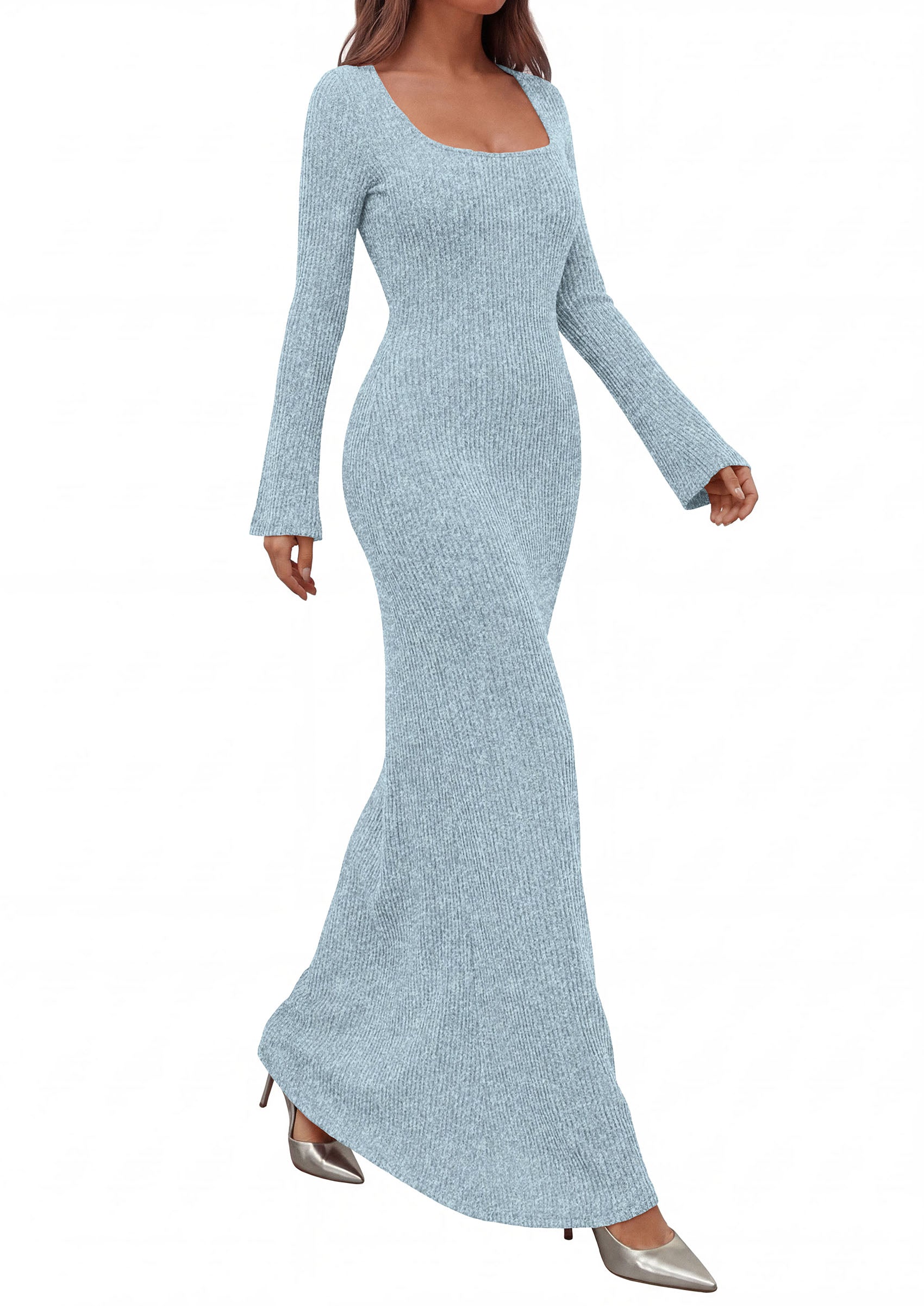PRETTYGARDEN Women's Fall Long Sleeve Maxi Bodycon Dresses | Soft Stretchy Ribbed Knit, Bell Sleeve Square Neck Mermaid, Elegant Long Dress, Wedding Guest Party, 2026 Winter Clothing