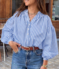 PRETTYGARDEN Women Fall Plaid Long Puff Sleeve Shirts V Neck Casual Blouses  Gingham Button Down Oversized, Pleated Drop Shoulder Cotton Tops, Dressy Casual, Work Vacation Travel, Fall Outfits Trendy