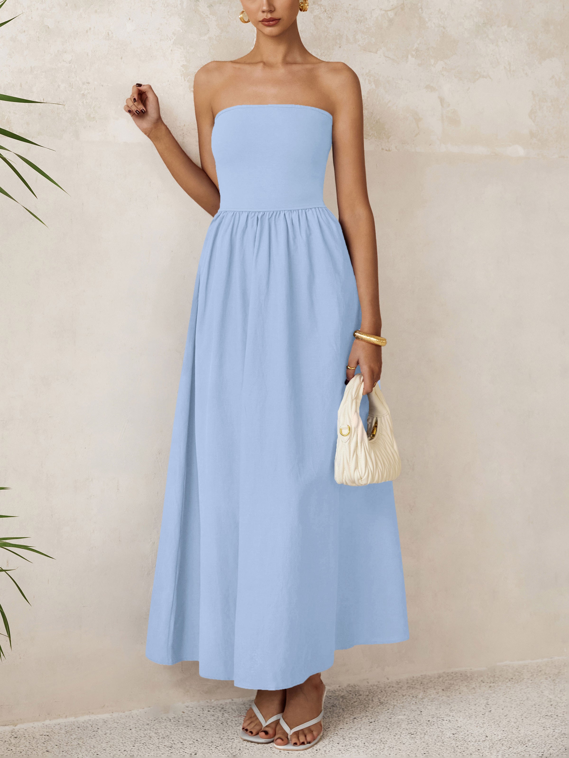 PRETTYGARDEN Women Summer Elegant Strapless Maxi Dress Tube Top Dress A Line Flowy Long Wedding Party Cocktail Dresses
