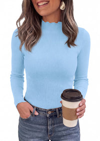 PRETTYGARDEN Women's Fall Long Sleeve Shirts Basic Tees | Soft Stretchy Ribbed Fabric, Lettuce Trim Mock Neck, Slim Fitted Cute Tops, Layering Fashion Clothing, Trendy Casual Outfits