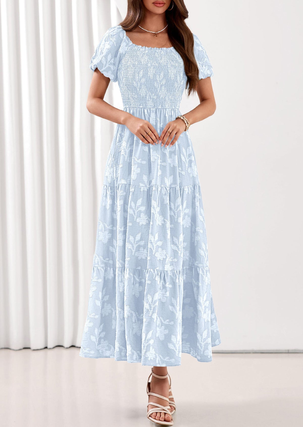 PRETTYGARDEN Women's 2026 Summer Boho Maxi Dresses Floral Short Sleeve Square Neck Smocked Flowy Long Dress Vacation Outfits PRETTYGARDEN