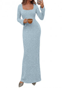 PRETTYGARDEN Women's Fall Long Sleeve Maxi Bodycon Dresses | Soft Stretchy Ribbed Knit, Bell Sleeve Square Neck Mermaid, Elegant Long Dress, Wedding Guest Party, 2026 Winter Clothing