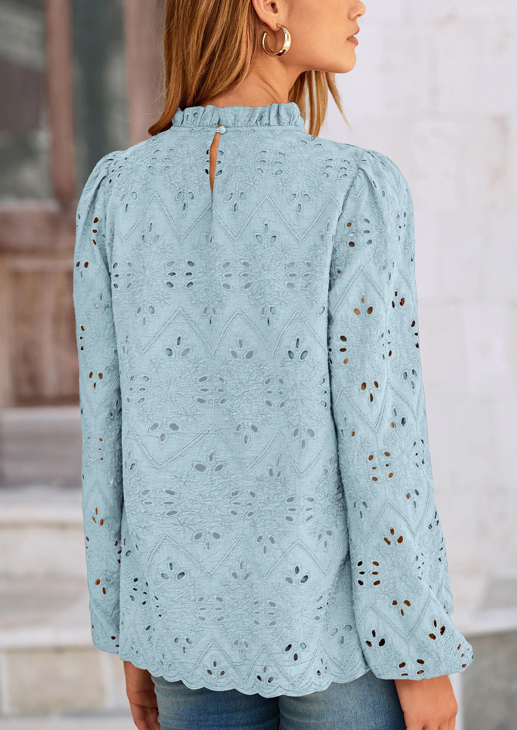 PRETTYGARDEN Womens Tops Dressy Casual Spring Long Sleeve Shirts Embroidered Eyelet Blouses Going Out Outfits