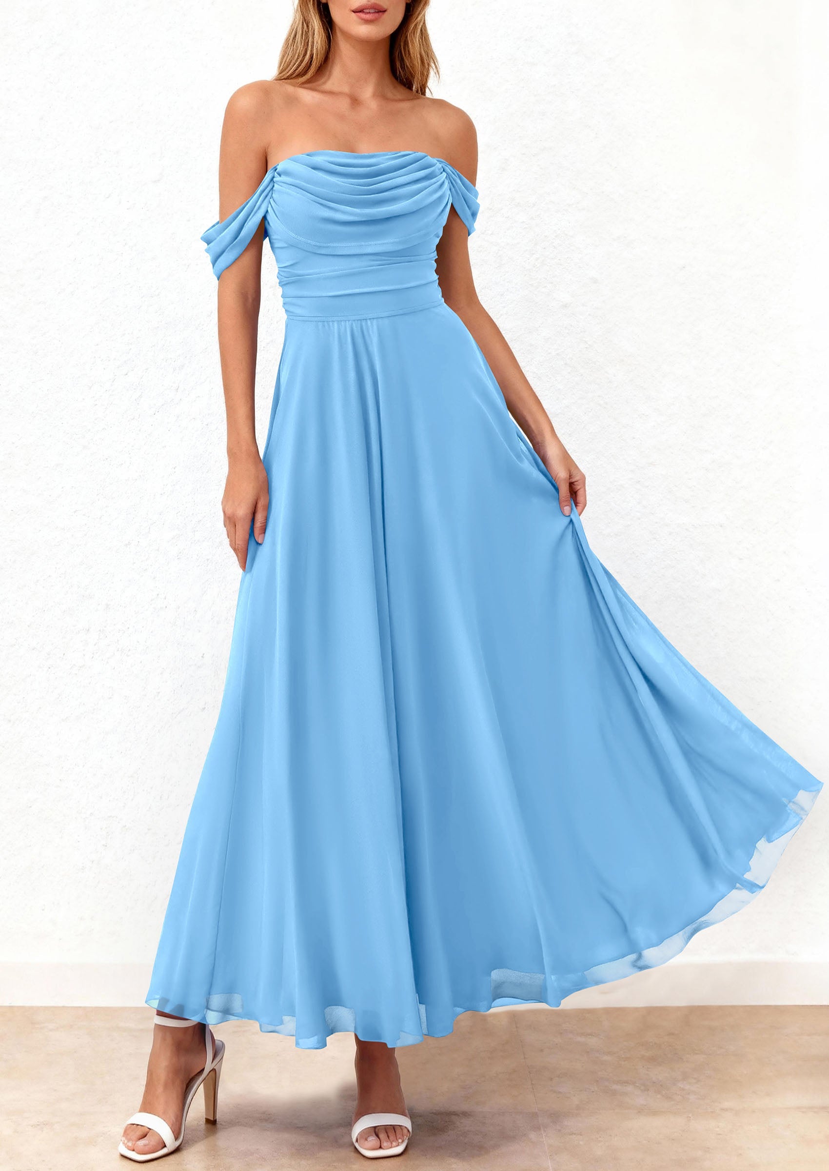 PRETTYGARDEN Womens Off Shoulder Maxi Summer Dresses 2026 Elegant Mesh Aline Swing Ruched Flowy Cocktail Wedding Guest Dress PRETTYGARDEN