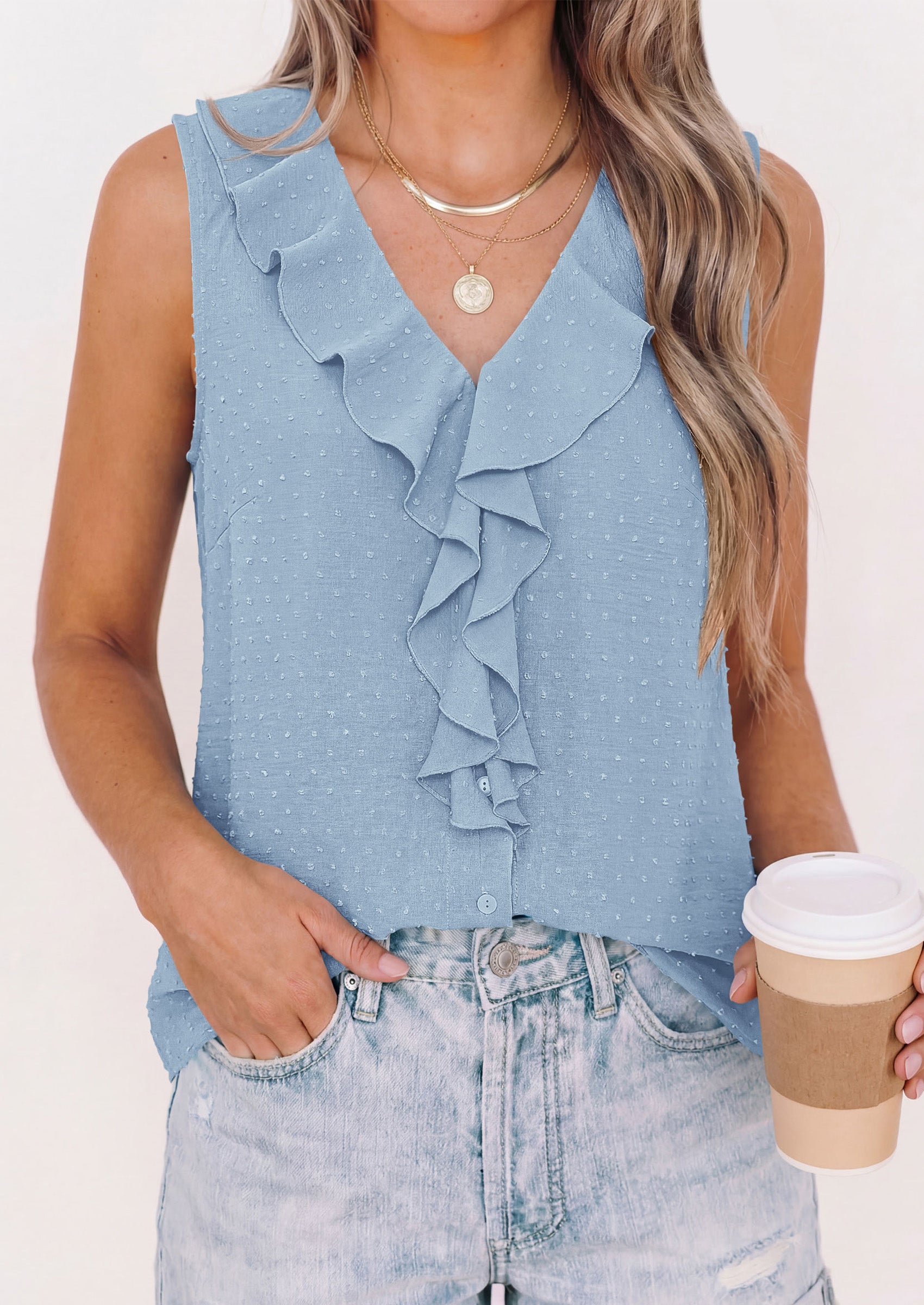 PRETTYGARDEN Womens Tank Tops 2026 Summer Dressy Casual Blouses Sleeveless Ruffle V Neck Swiss Dot Button Down Work Shirts PRETTYGARDEN