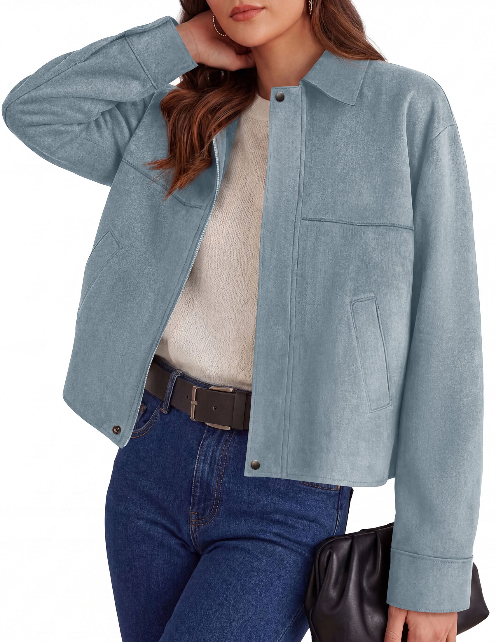 PRETTYGARDEN Women's Faux Suede Cropped Fall Jackets | Soft Zip Up Coats,Classic Lapel Collar,Button Down Shacket,Oversized Casual Outerwear,Trendy Winter Clothes with Pockets