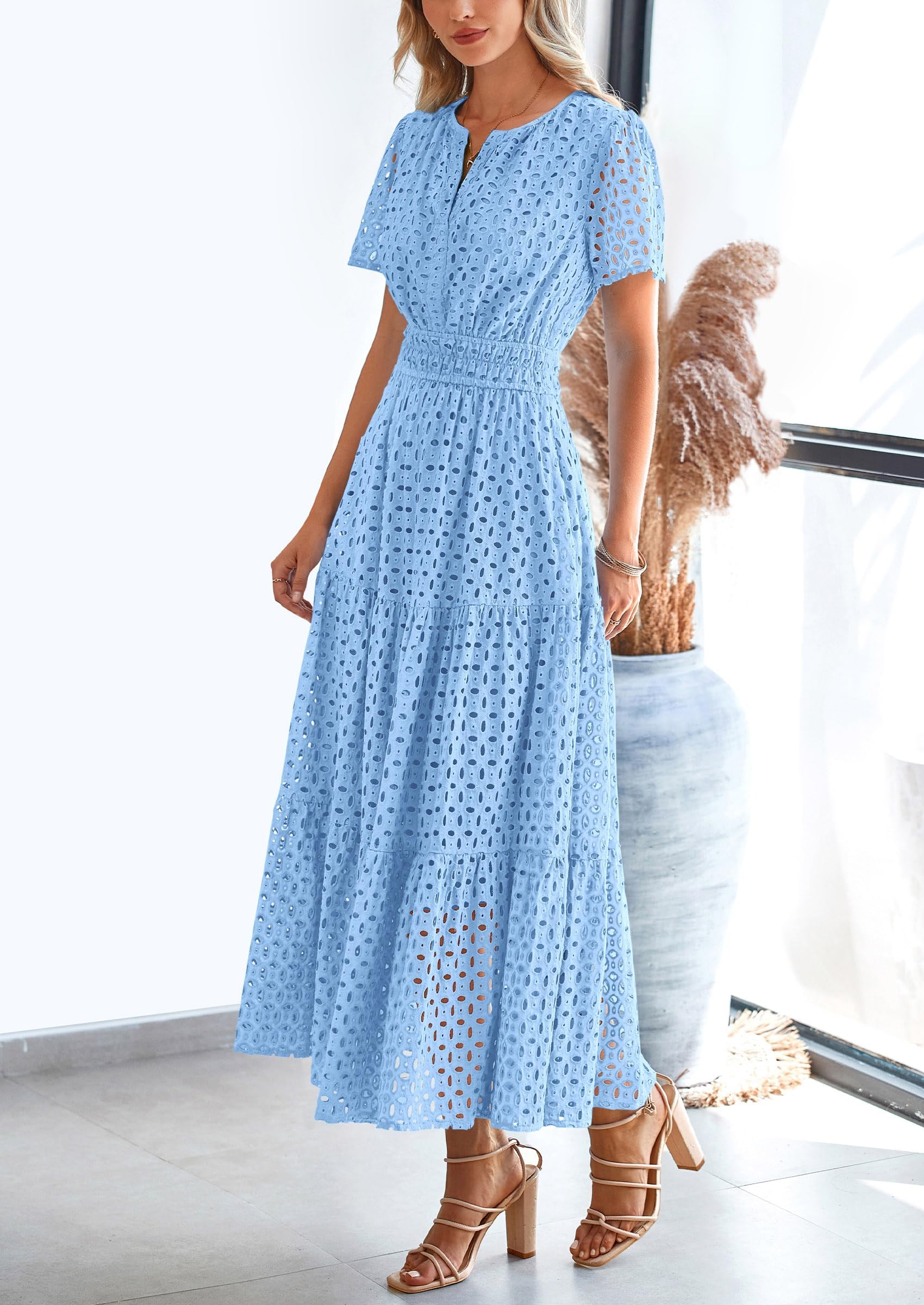 PRETTYGARDEN Womens Maxi Dress Short Sleeve V Neck Hollow Out Eyelet A Line Long Flowy Beach Vacation Dresses