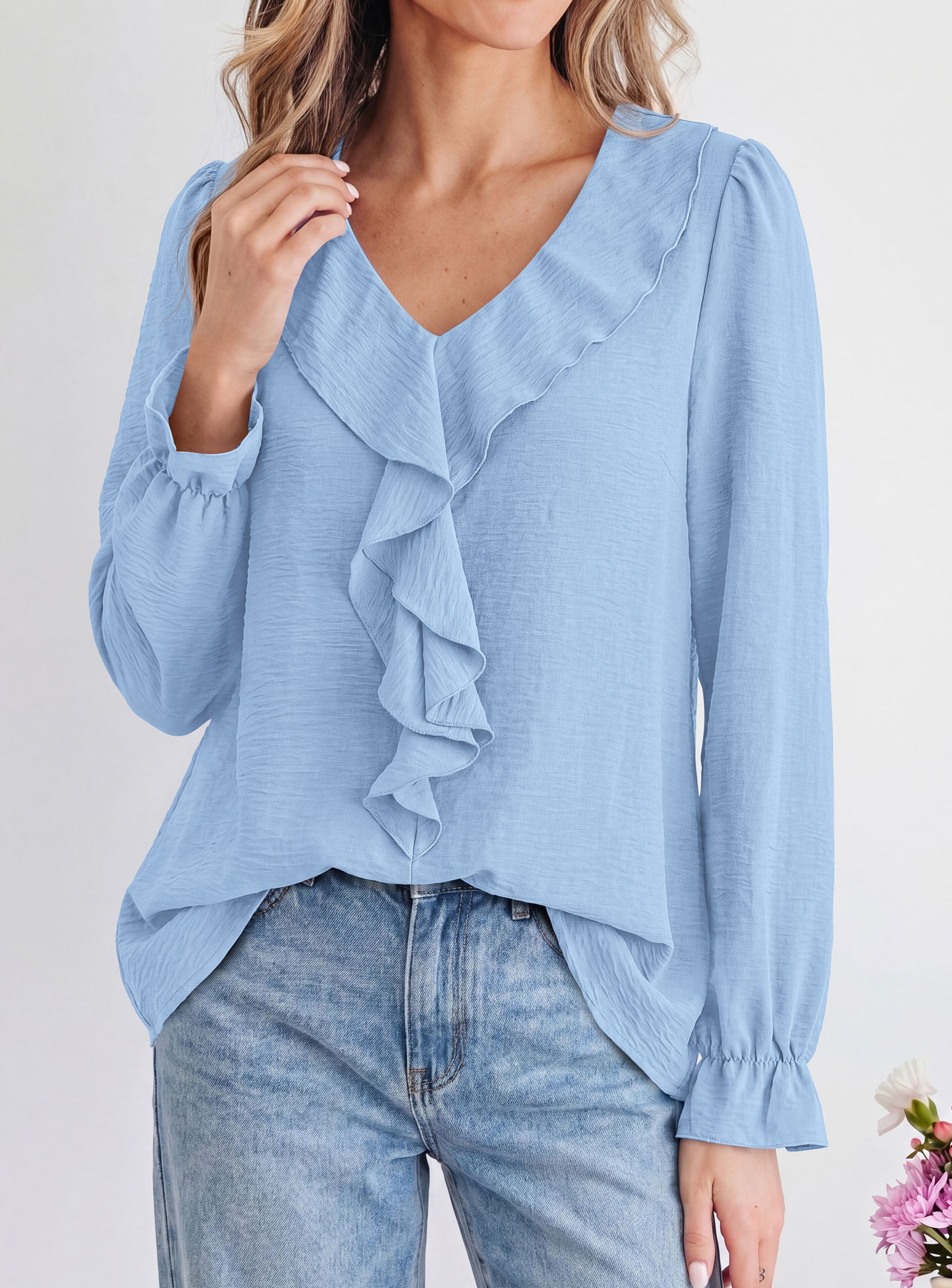 PRETTYGARDEN Women Early Fall Fashion Dressy Casual Blouses  | Comfy Lightweight,Lantern Long Sleeve Shirts,Cute Ruffle V Neck,Going Out Tops,Business Work Outfits,Trendy Daily Clothes