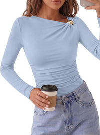 PRETTYGARDEN Long Sleeve Shirts for Women 2026 Ruched Knit Asymmetrical Tight Fitted Going Out Tops Y2k Fall Clothes