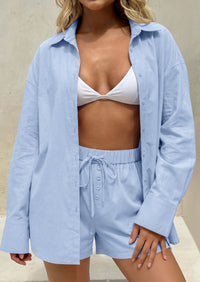 PRETTYGARDEN Women's Summer 2 Piece Matching Lounge Sets Pajamas Long Sleeve Shirts Blouse Pockets Shorts 2026 Spring Outfits