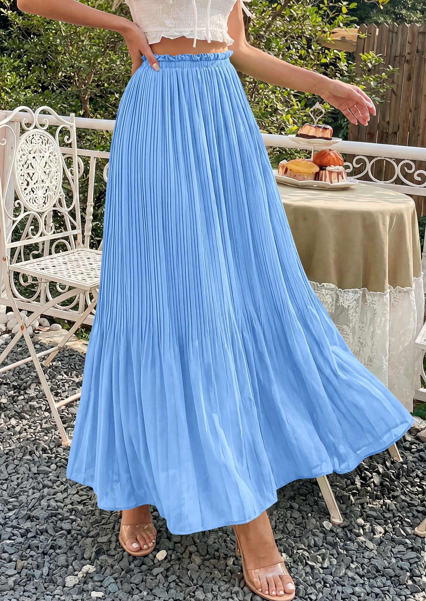 PRETTYGARDEN Pleated Long Skirts for Women Summer Vacation Outfits 2026 Spring Elastic Waisted Flowy Chiffon A-Line Midi Skirt PRETTYGARDEN