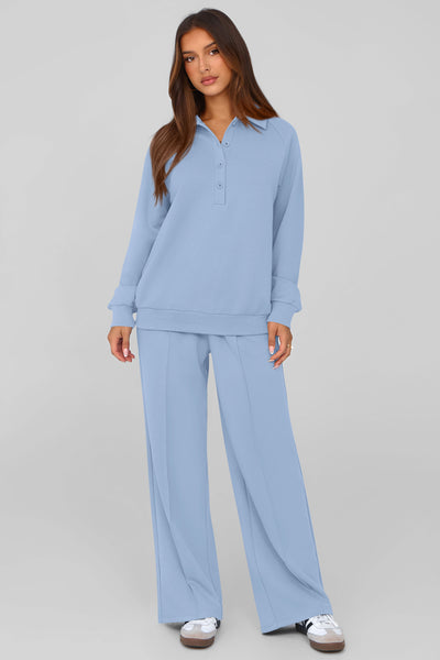 PRETTYGARDEN Women Fall 2 Piece Outfits Sweatsuits Quarter Button Long Sleeve Sweatshirt Wide Leg Pants Tracksuit Lounge Sets