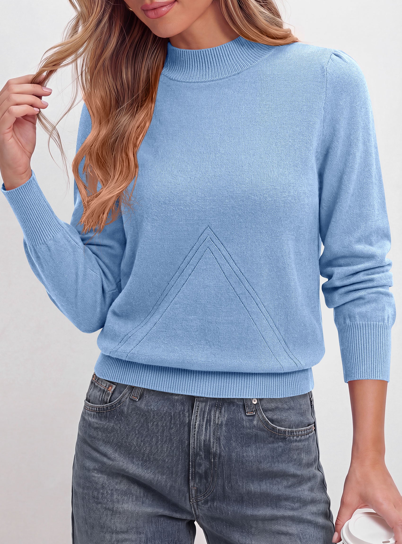 PRETTYGARDEN Womens Fall Mock Neck Long Sleeve Sweater  Soft Stretchy Fabric, V-Shape Knit Pattern, Chic Puff Sleeves, Ribbed Trim Pullover Sweaters, Casual Work Office Outfits