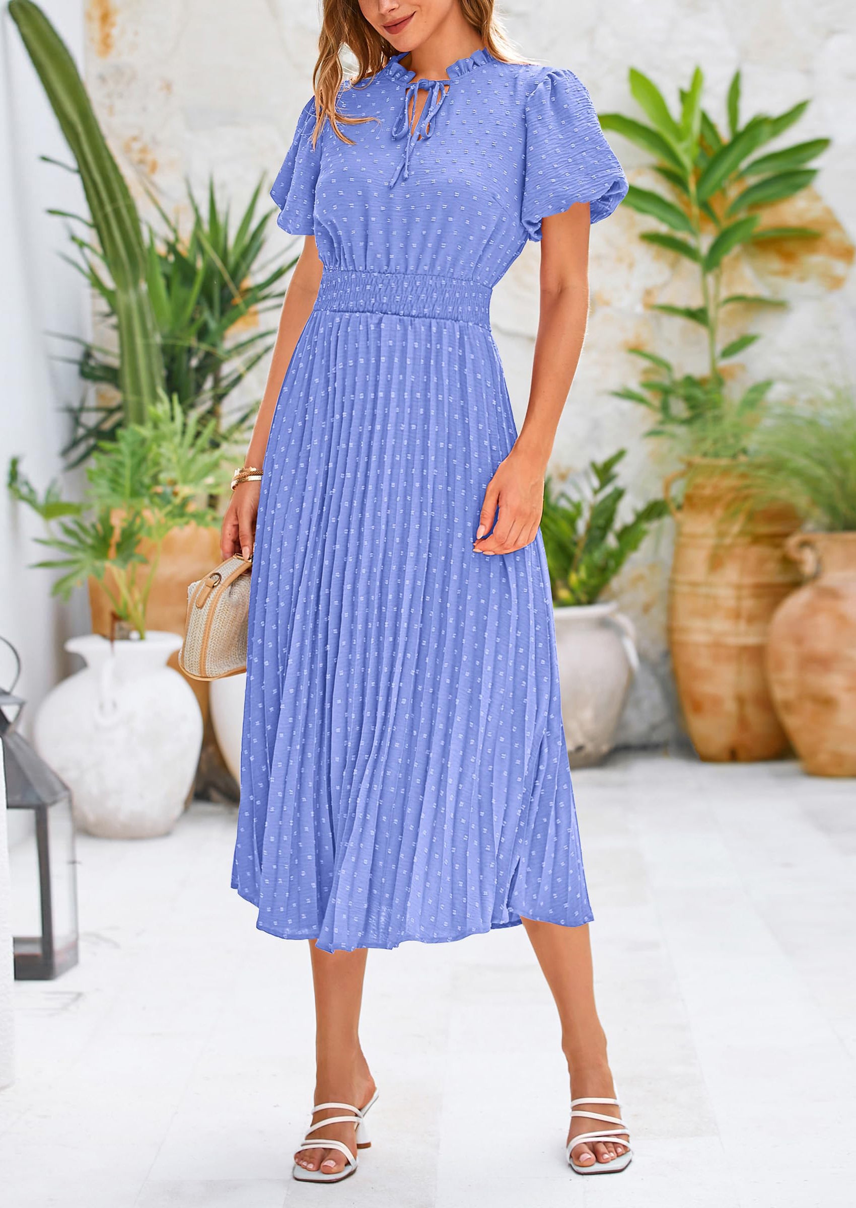 PRETTYGARDEN Womens Midi Dresses Puff Short Sleeve V Neck Swiss Dot Pleated A Line Flowy Long Wedding Guest Dress