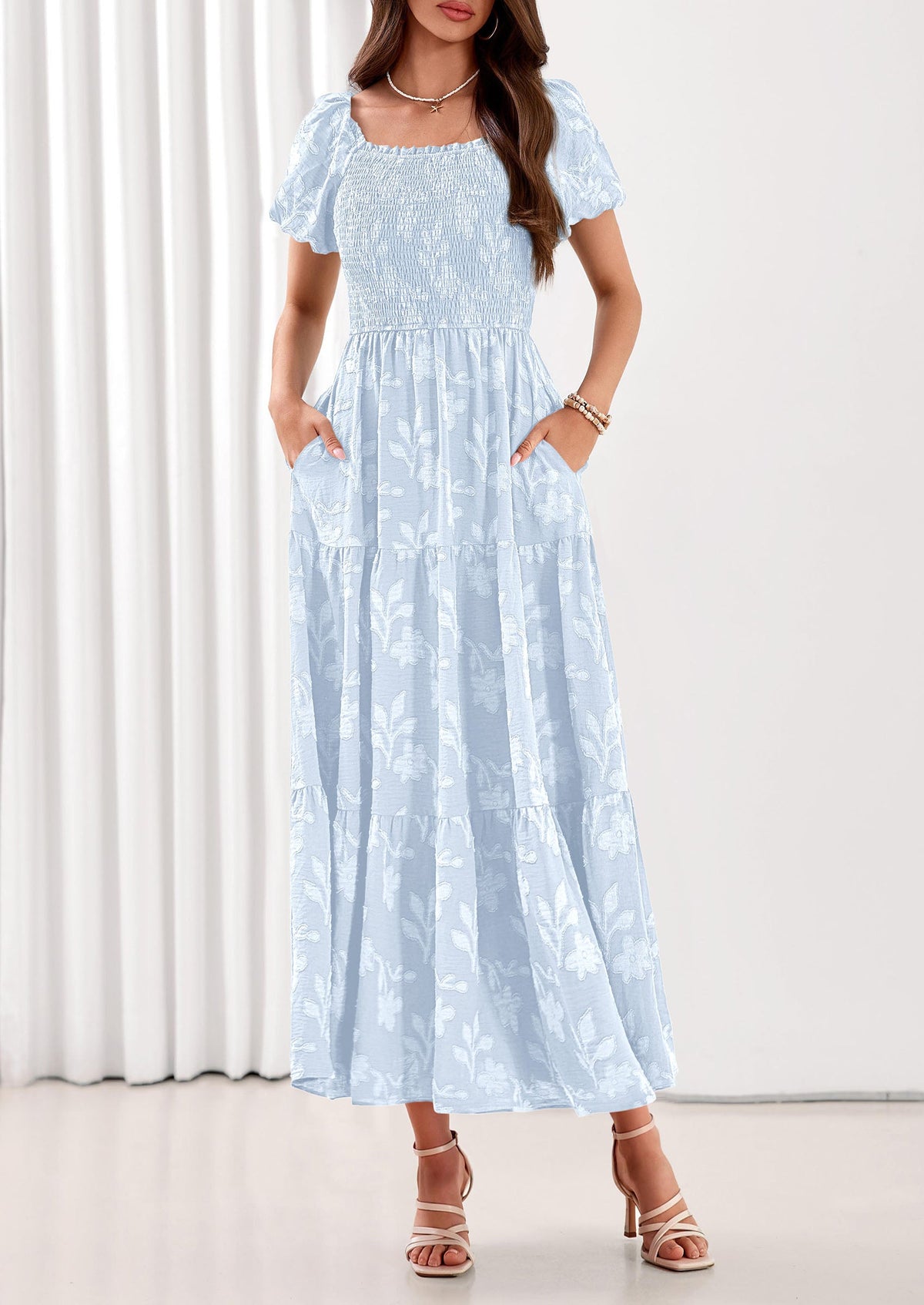 PRETTYGARDEN Women's 2026 Summer Boho Maxi Dresses Floral Short Sleeve Square Neck Smocked Flowy Long Dress Vacation Outfits PRETTYGARDEN