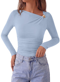 PRETTYGARDEN Long Sleeve Shirts for Women 2026 Ruched Knit Asymmetrical Tight Fitted Going Out Tops Y2k Fall Clothes
