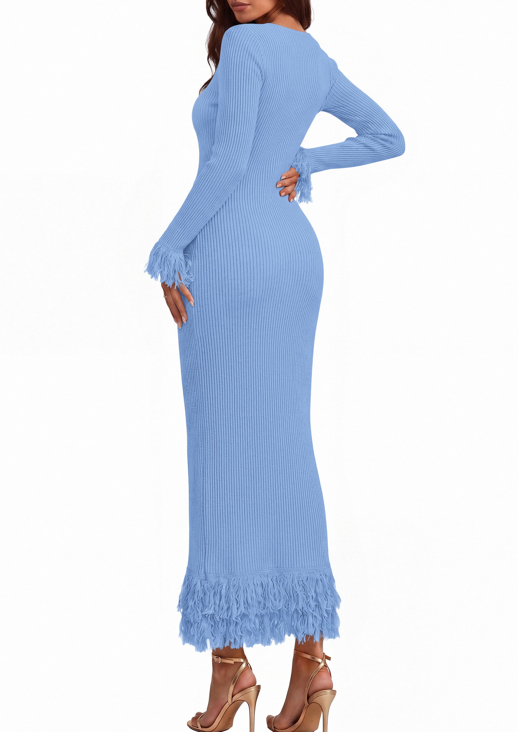 PRETTYGARDEN Womens Long Sleeve Bodycon Sweater Dress  Stretchy Ribbed Knit,Fringe Trim Cuffs & Hem,Slim Fit Crewneck,Date Night Outfits,Fall Winter Wedding Guest Cocktail Dresses