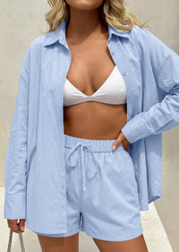 PRETTYGARDEN Women's Summer 2 Piece Matching Lounge Sets Pajamas Long Sleeve Shirts Blouse Pockets Shorts 2026 Spring Outfits