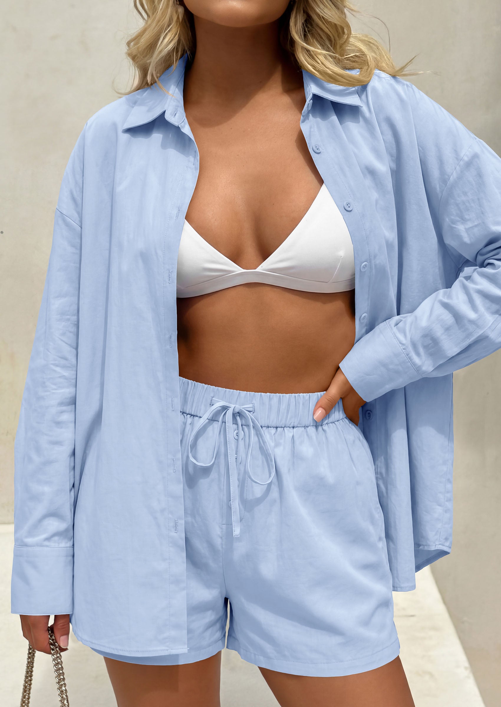 PRETTYGARDEN Women's Summer 2 Piece Matching Lounge Sets Pajamas Long Sleeve Shirts Blouse Pockets Shorts 2026 Spring Outfits