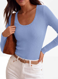PRETTYGARDEN Women's Fall Lightweight Ribbed Knit Sweaters | Stretchy Cozy Knitwear,Scalloped Scoop Neck,Long Sleeve Shirts,Slim Fitted Pullover,Basic Layering Tops,Cute Casual Outfits