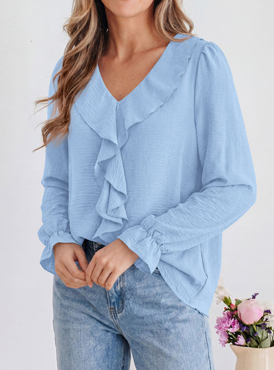 PRETTYGARDEN Women Early Fall Fashion Dressy Casual Blouses  | Comfy Lightweight,Lantern Long Sleeve Shirts,Cute Ruffle V Neck,Going Out Tops,Business Work Outfits,Trendy Daily Clothes
