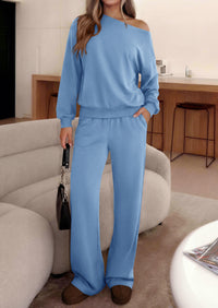 PRETTYGARDEN Womens 2 Piece Casual Matching Lounge Sets  Fashion Off the Shoulder Sweatshirt, Wide Leg Pants with Pockets, Comfy Airport Travel Outfit, 2026 Trendy Fall Set