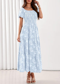 PRETTYGARDEN Women's 2026 Summer Boho Maxi Dresses Floral Short Sleeve Square Neck Smocked Flowy Long Dress Vacation Outfits PRETTYGARDEN