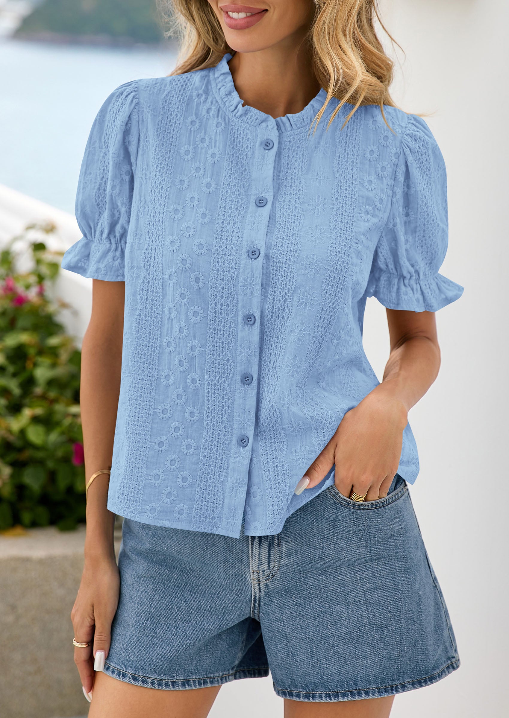 PRETTYGARDEN Womens Puff Short Sleeve Tops 2026 Summer Spring Button Down Boho Embroidered Cute Blouse Dressy Casual Shirts PRETTYGARDEN