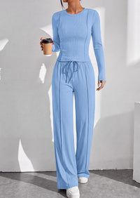 PRETTYGARDEN Womens 2 Piece Sets Long Sleeve Outfits  Soft Ribbed Knit, Loose Wide Leg Fit, Crop Top Drawstring High Waist Pants Set, Casual Lounge Travel, Matching Fall Clothes