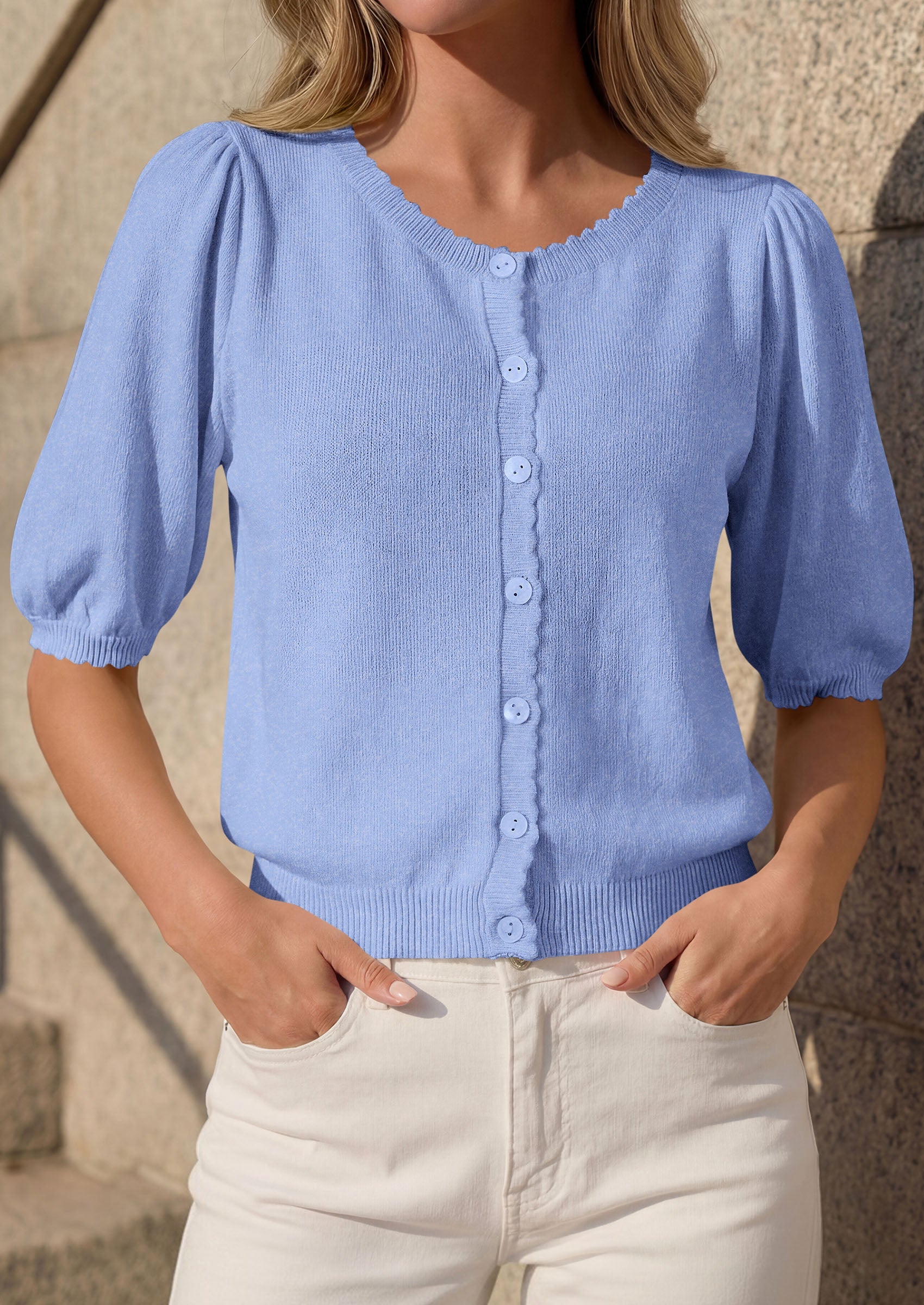 PRETTYGARDEN Puff Short Sleeve Cardigans for Women Lightweight 2026 Summer Shirts Button Up Knit Sweater Tops Spring Clothes PRETTYGARDEN