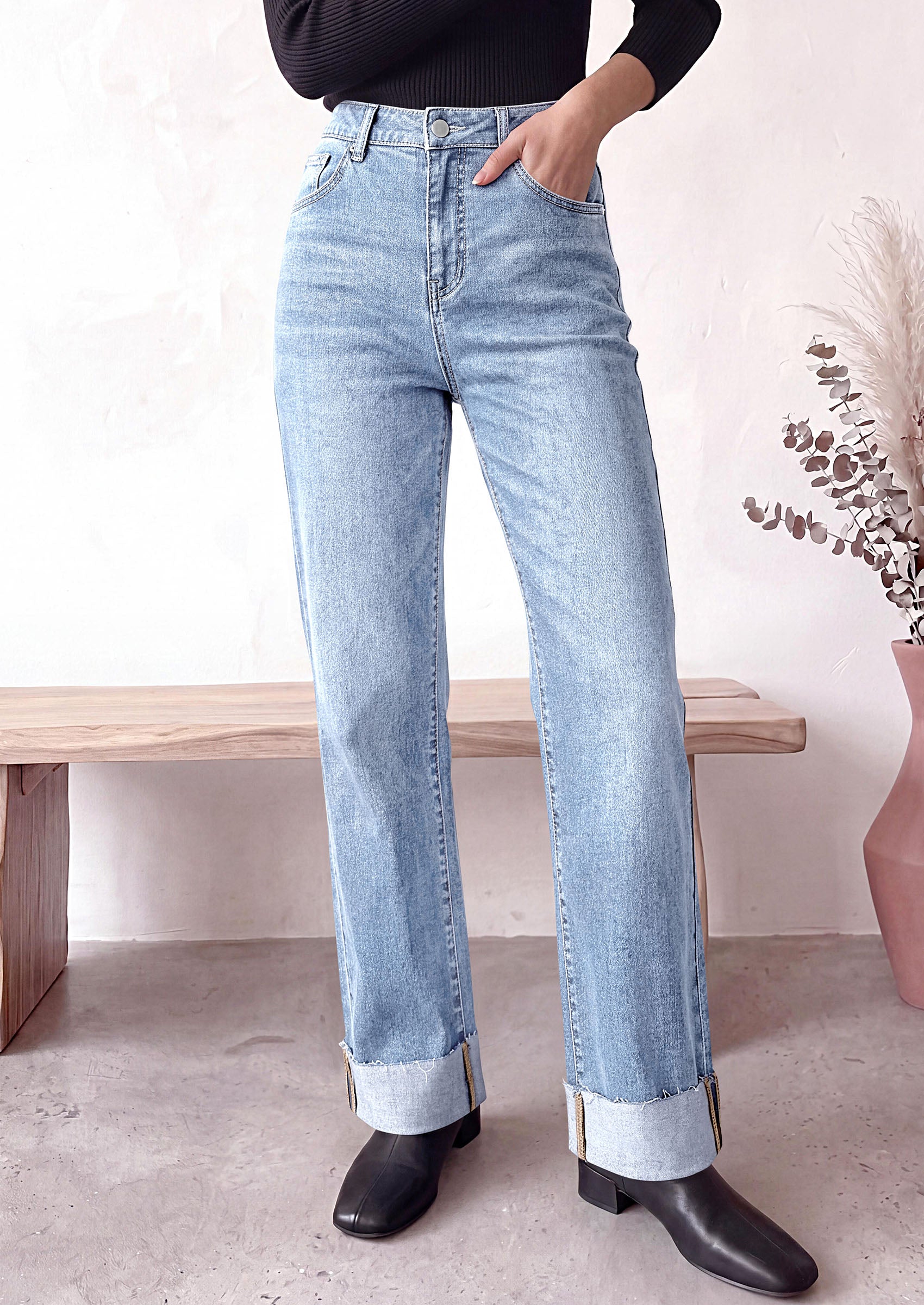 PRETTYGARDEN Women's Baggy Denim Jeans Wide Leg Pants | Stretchy High Waisted, Straight Leg Pockets, Cuffed Raw Hem Boyfriend, Trendy Bottoms, Fall Fashion Clothes, Casual Outfits