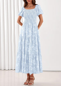 PRETTYGARDEN Women's 2026 Summer Boho Maxi Dresses Floral Short Sleeve Square Neck Smocked Flowy Long Dress Vacation Outfits PRETTYGARDEN