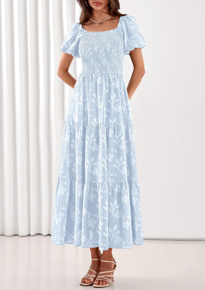 PRETTYGARDEN Women's 2026 Summer Boho Maxi Dresses Floral Short Sleeve Square Neck Smocked Flowy Long Dress Vacation Outfits PRETTYGARDEN