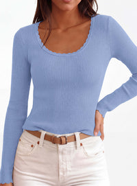 PRETTYGARDEN Women's Fall Lightweight Ribbed Knit Sweaters | Stretchy Cozy Knitwear,Scalloped Scoop Neck,Long Sleeve Shirts,Slim Fitted Pullover,Basic Layering Tops,Cute Casual Outfits