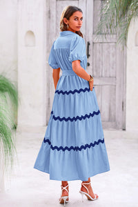 Summer Maxi Button Down Puff Short Sleeve Ruffle Long Flowy Shirt Dresses With Belt