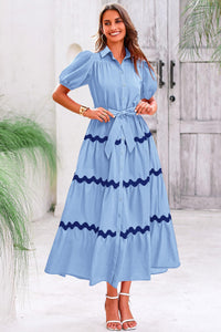 Summer Maxi Button Down Puff Short Sleeve Ruffle Long Flowy Shirt Dresses With Belt