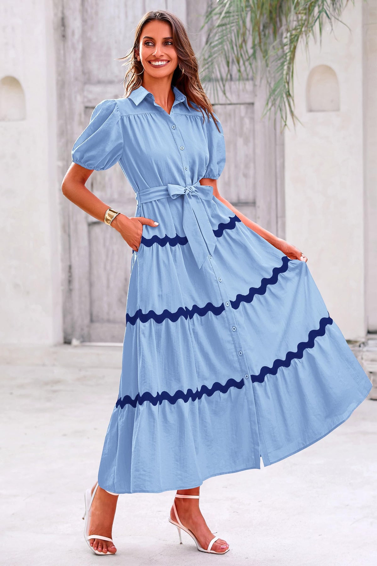 Summer Maxi Button Down Puff Short Sleeve Ruffle Long Flowy Shirt Dresses With Belt