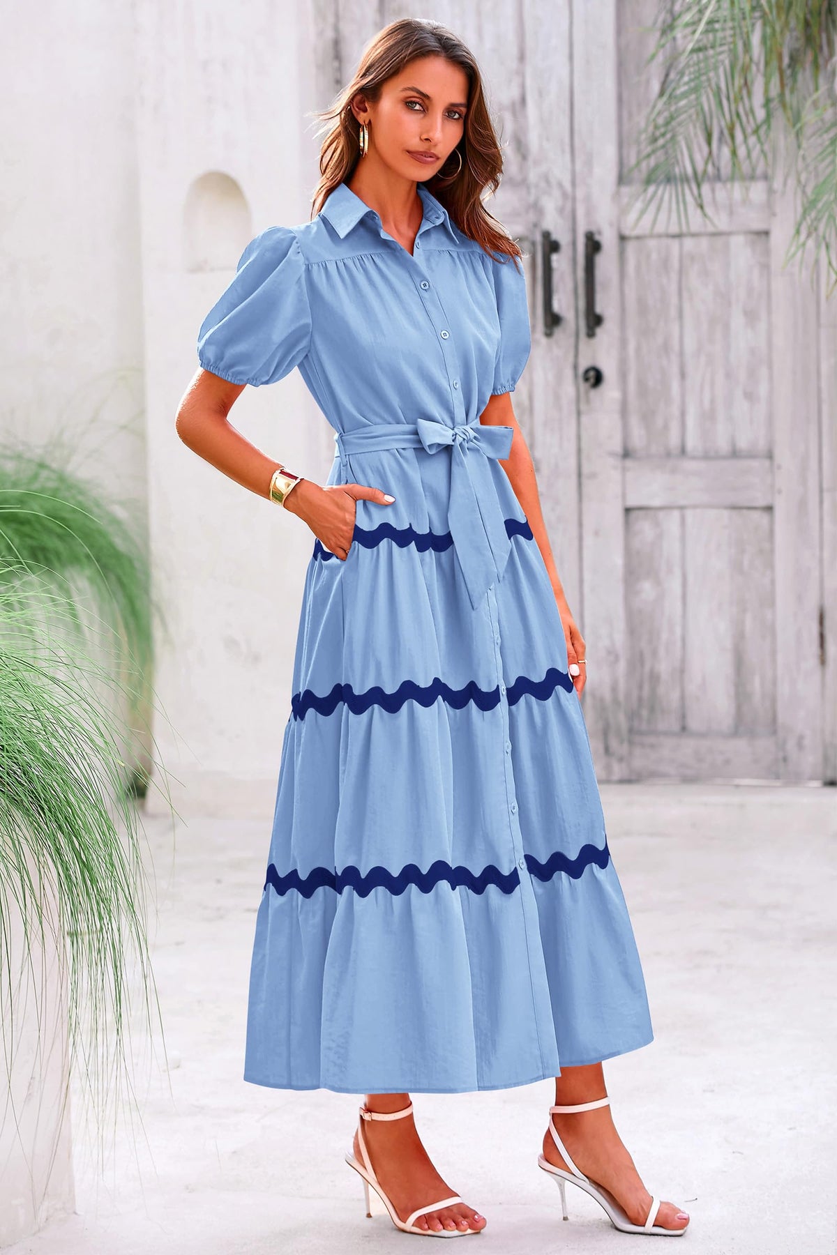 Summer Maxi Button Down Puff Short Sleeve Ruffle Long Flowy Shirt Dresses With Belt