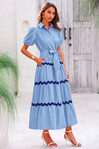 Summer Maxi Button Down Puff Short Sleeve Ruffle Long Flowy Shirt Dresses With Belt